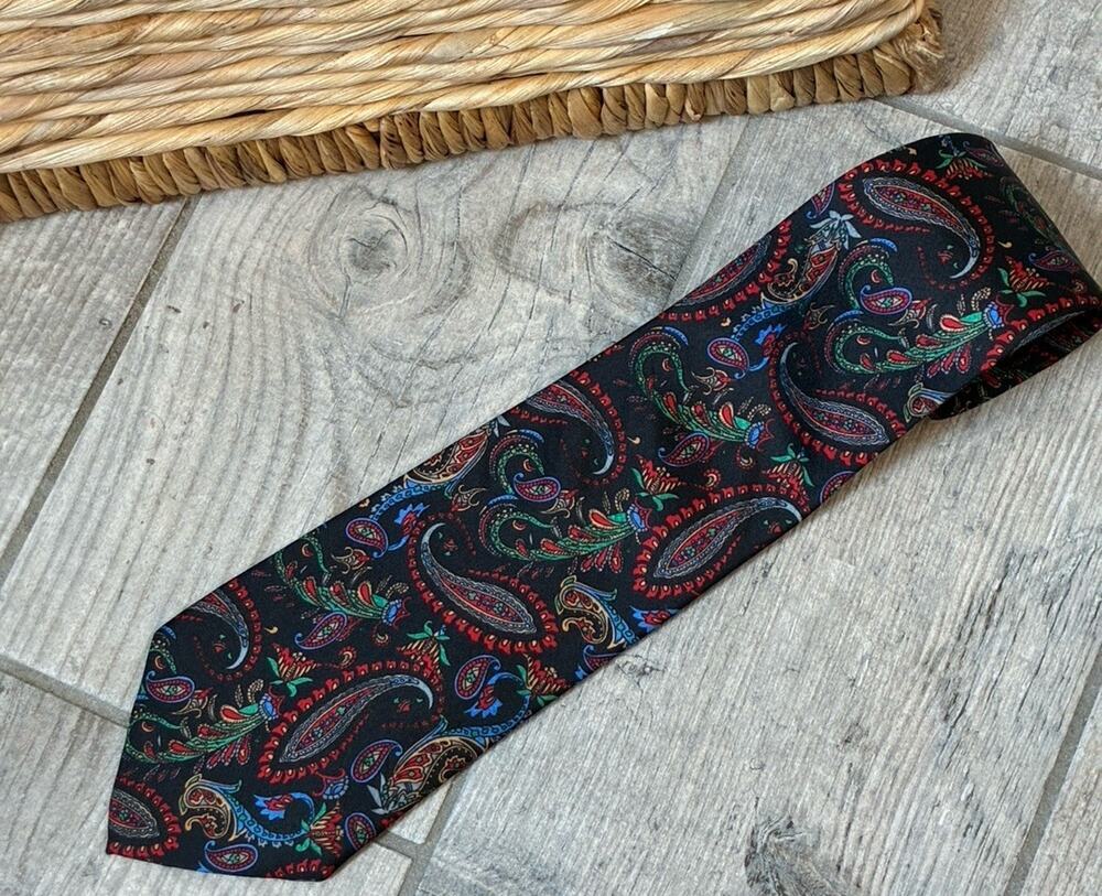 Vintage Nina Ricci Silk Necktie Black Multicolor Paisley Jacquard Made In France
